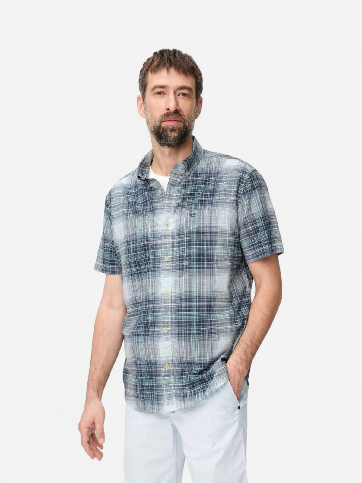 Camel Active miesten lyhythihainen kauluspaita Checked SS Shirt, sininen ruutu - Kekäle.fi