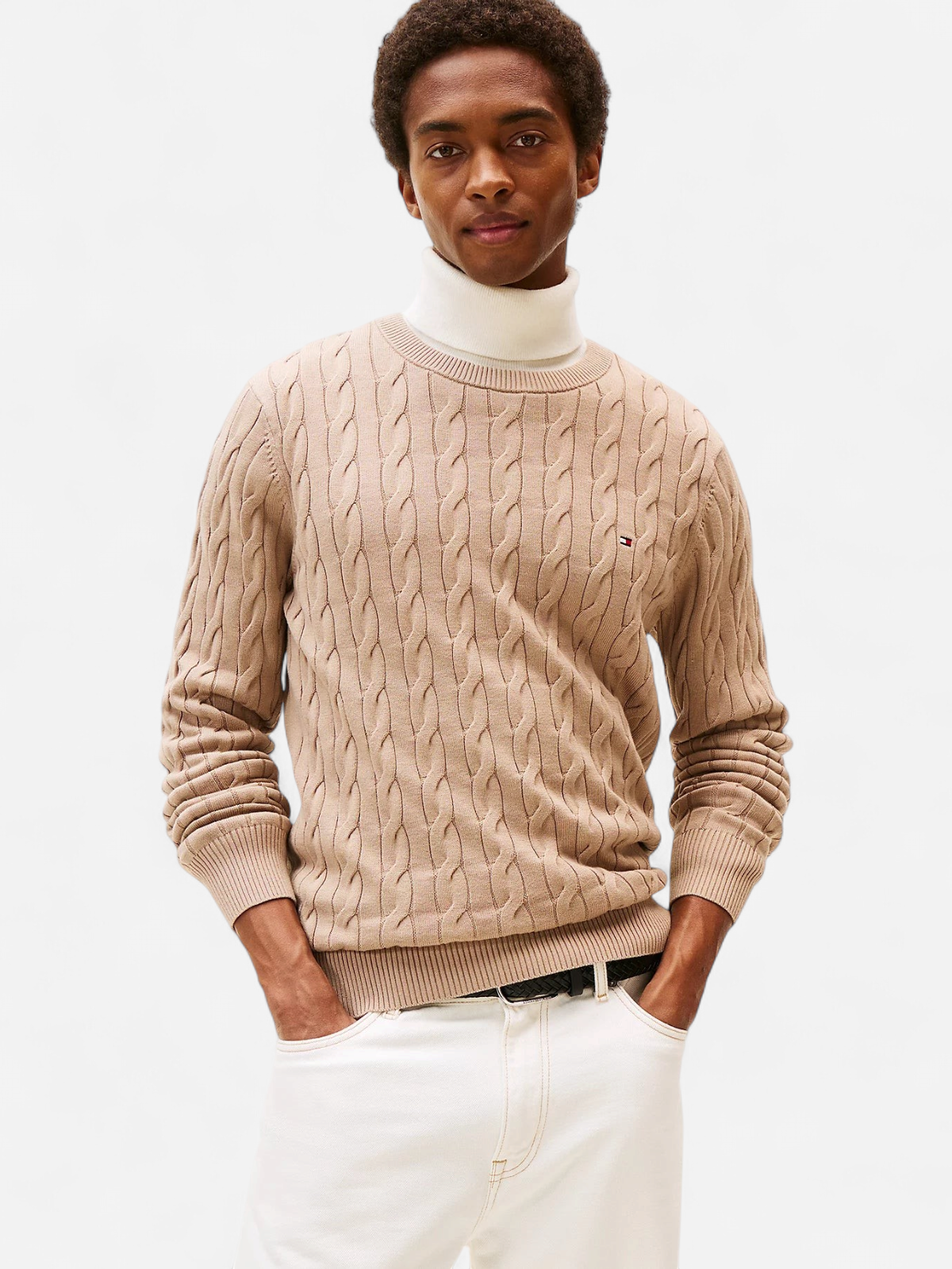 Tommy Hilfiger miesten neulepaita Classic Cotton Cable Crew Neck, beige - Kekäle.fi