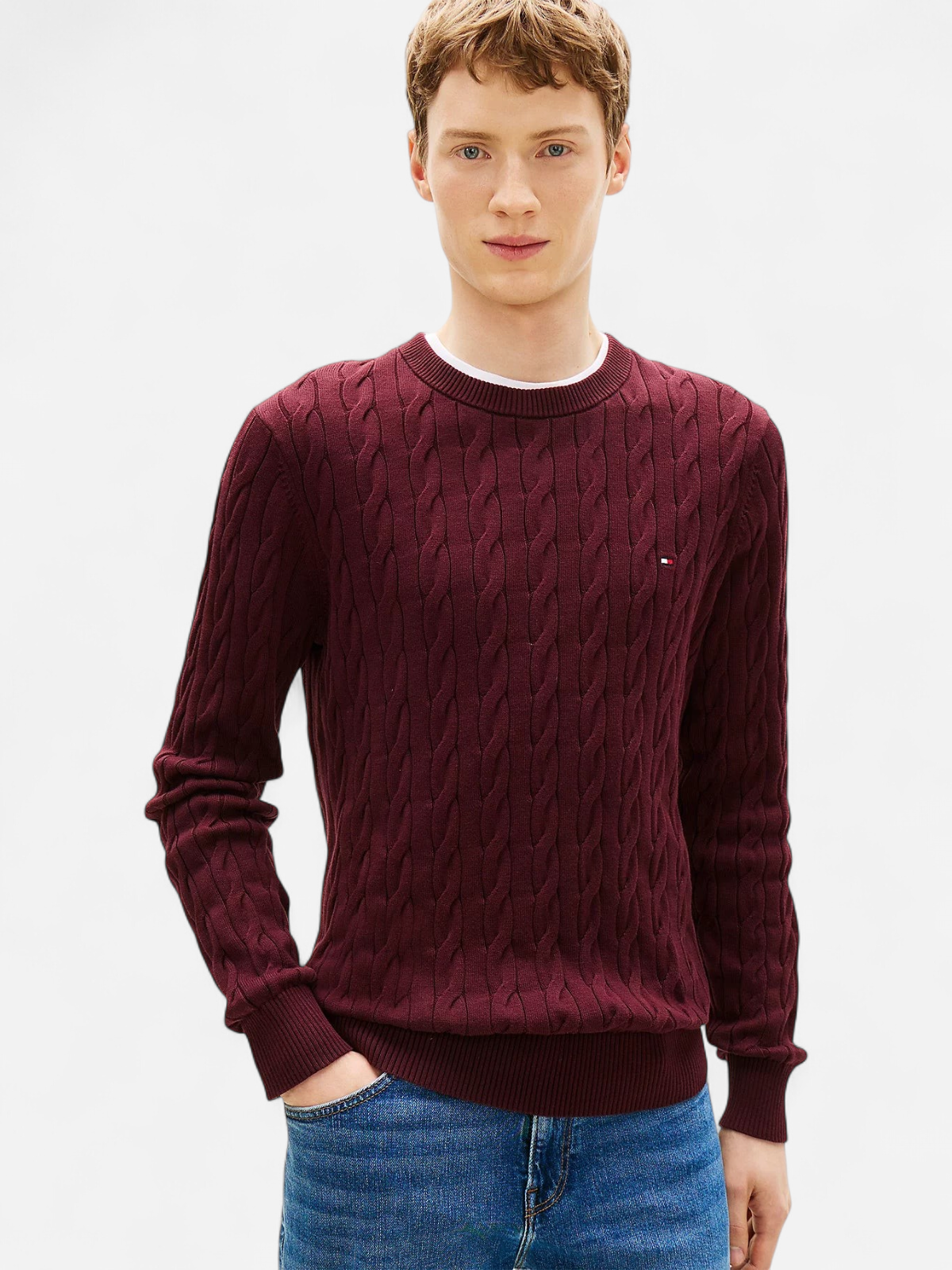 Tommy Hilfiger miesten neulepaita Classic Cotton Cable Crew Neck, viininpunainen - Kekäle.fi