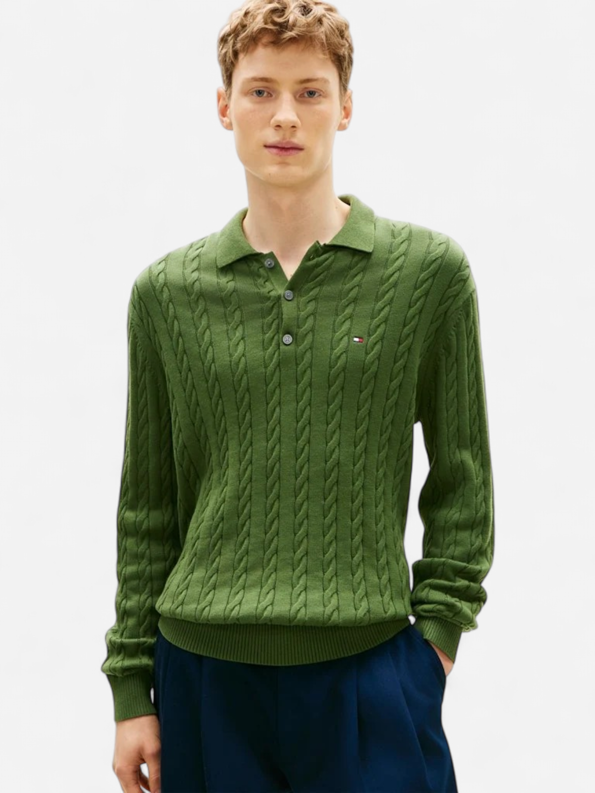 Tommy Hilfiger miesten neulepusero Classic Cotton Cable LS Polo, khaki - Kekäle.fi