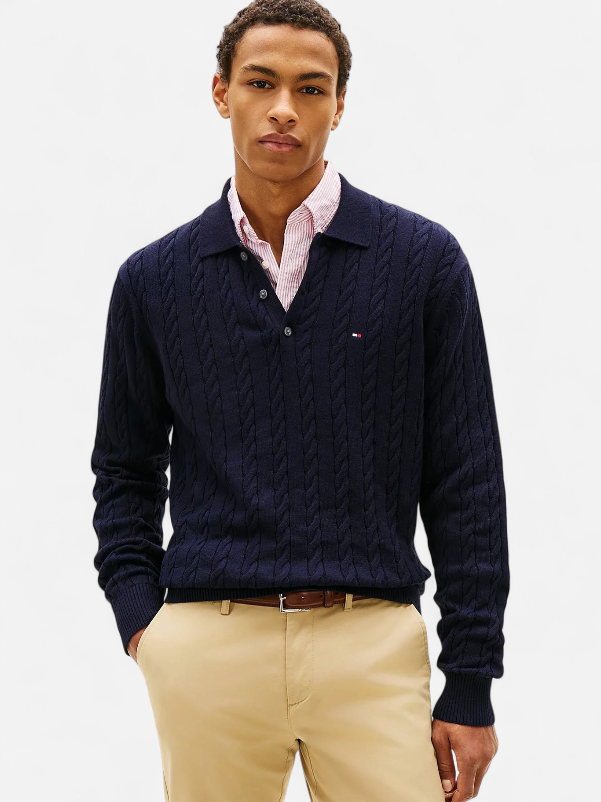 Tommy Hilfiger miesten neulepusero Classic Cotton Cable LS Polo, tummansininen - Kekäle.fi