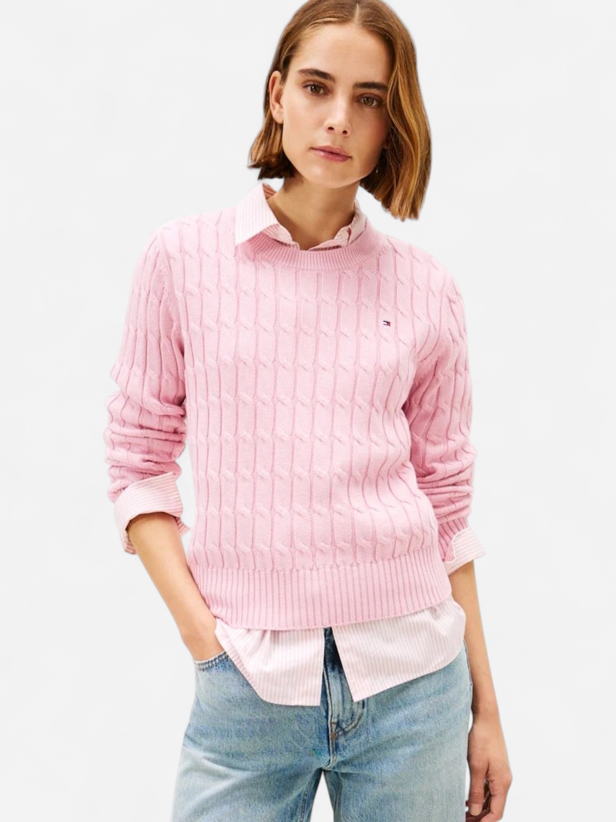 Tommy Hilfiger naisten neulepusero CO CABLE MID GG C-NK LS SWT, vaaleanpunainen - Kekäle.fi