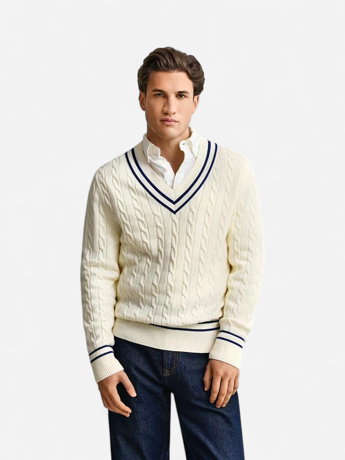 Gant miesten neulepusero Cotton Cable Cricket V-Neck, valkoinen - Kekäle.fi