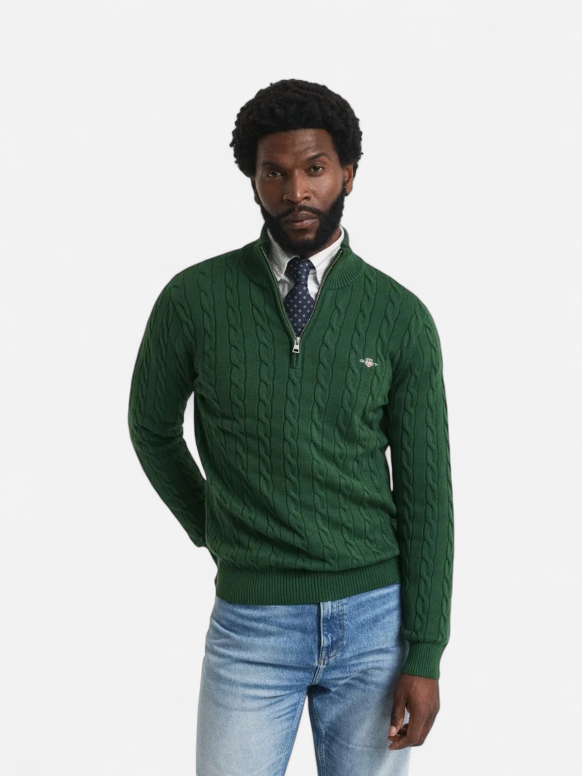Gant miesten neulepusero Cotton Cable Half Zip, tummanvihreä - Kekäle.fi