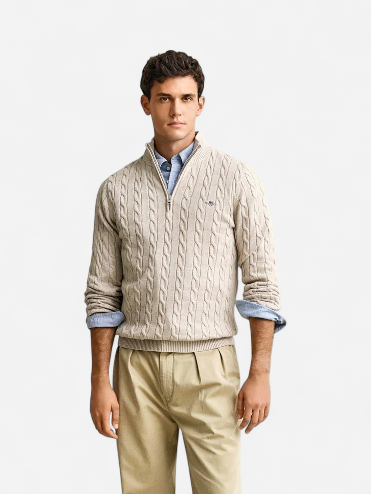 Gant miesten neulepusero Cotton Cable Half Zip, vaalea beige - Kekäle.fi
