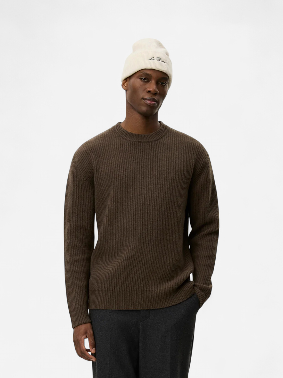 Les Deux miesten neulepusero Eddie Wool Rib Crewneck Knit, keskiruskea - Kekäle.fi