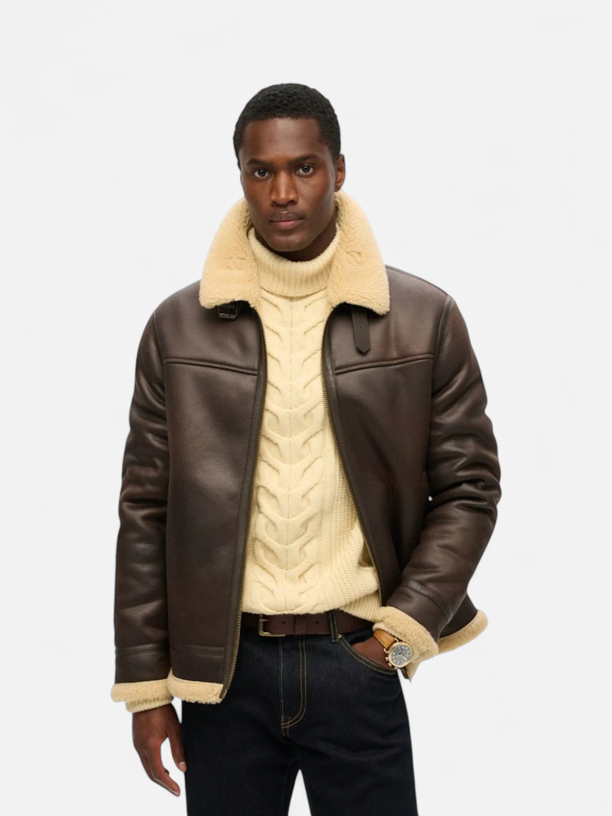 Superdry miesten nahkatakki Faux Shearling Aviator Jacket, tummanruskea - Kekäle.fi