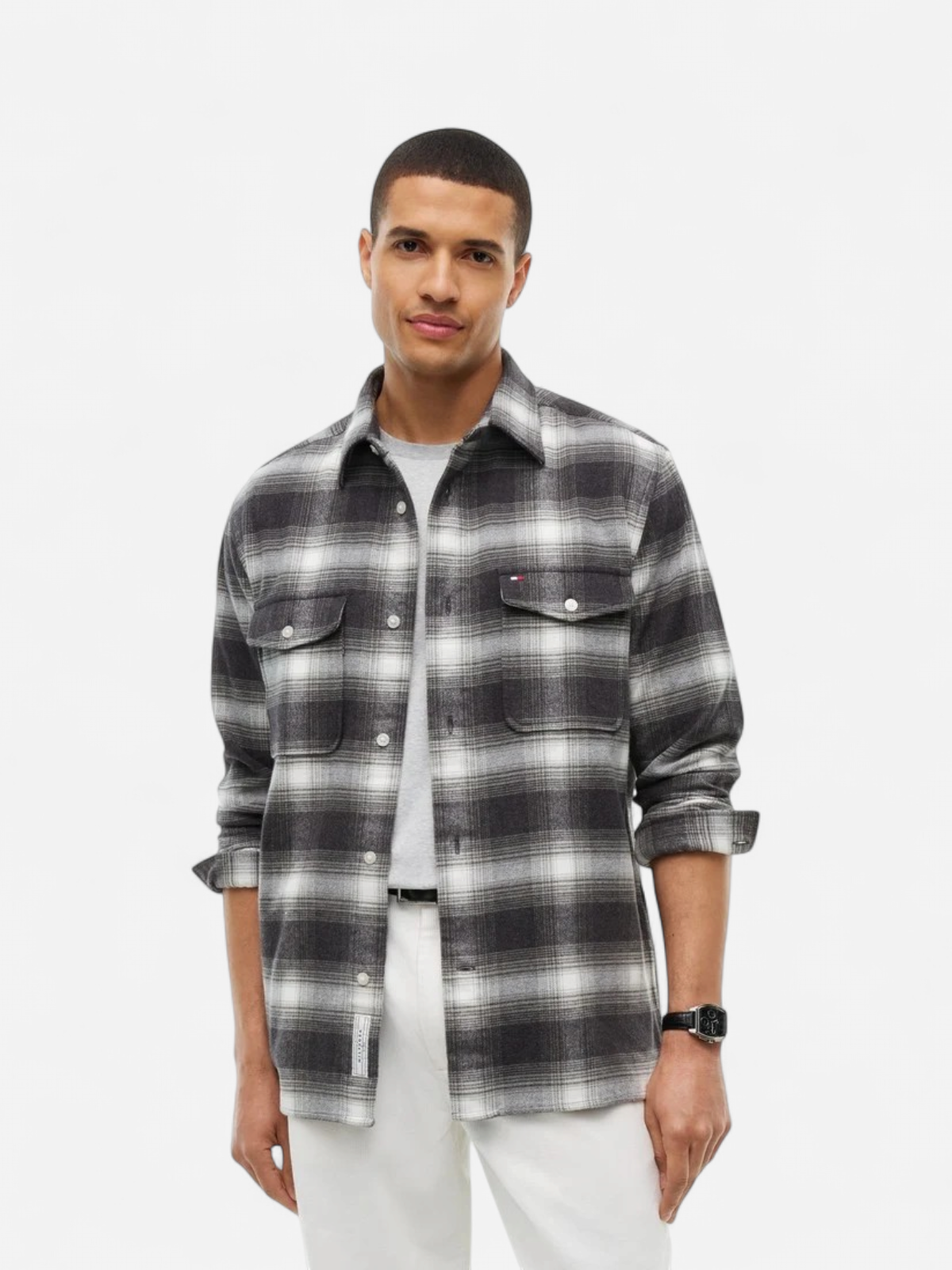 Tommy Hilfiger miesten paitatakki Relaxed Fit Check Flannel Overshirt, tummanharmaa ruutu - Kekäle.fi