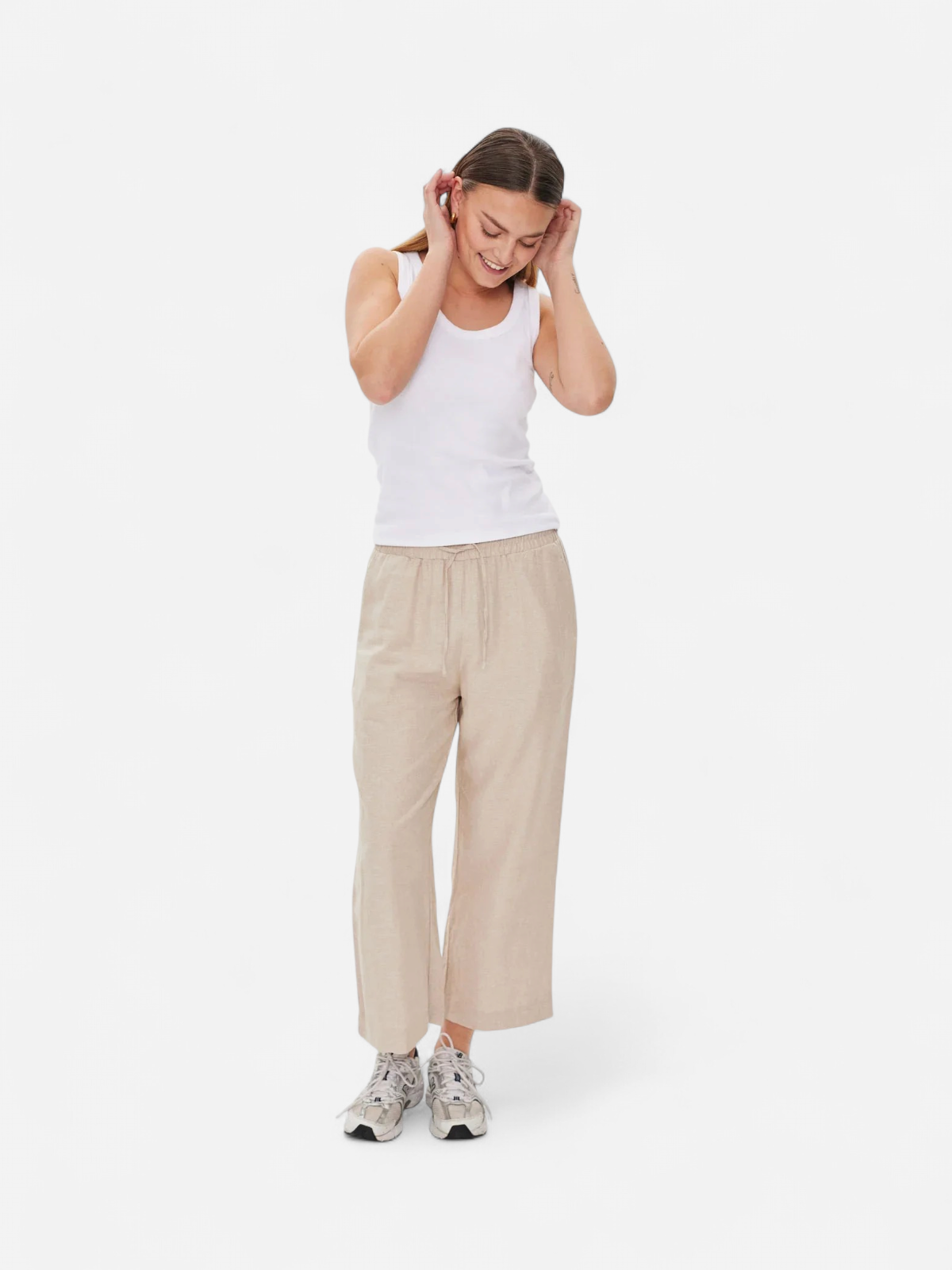 Freequent Naisten housut LA PANT 7/8 LINEN Vaalea Beige - Kekäle.fi