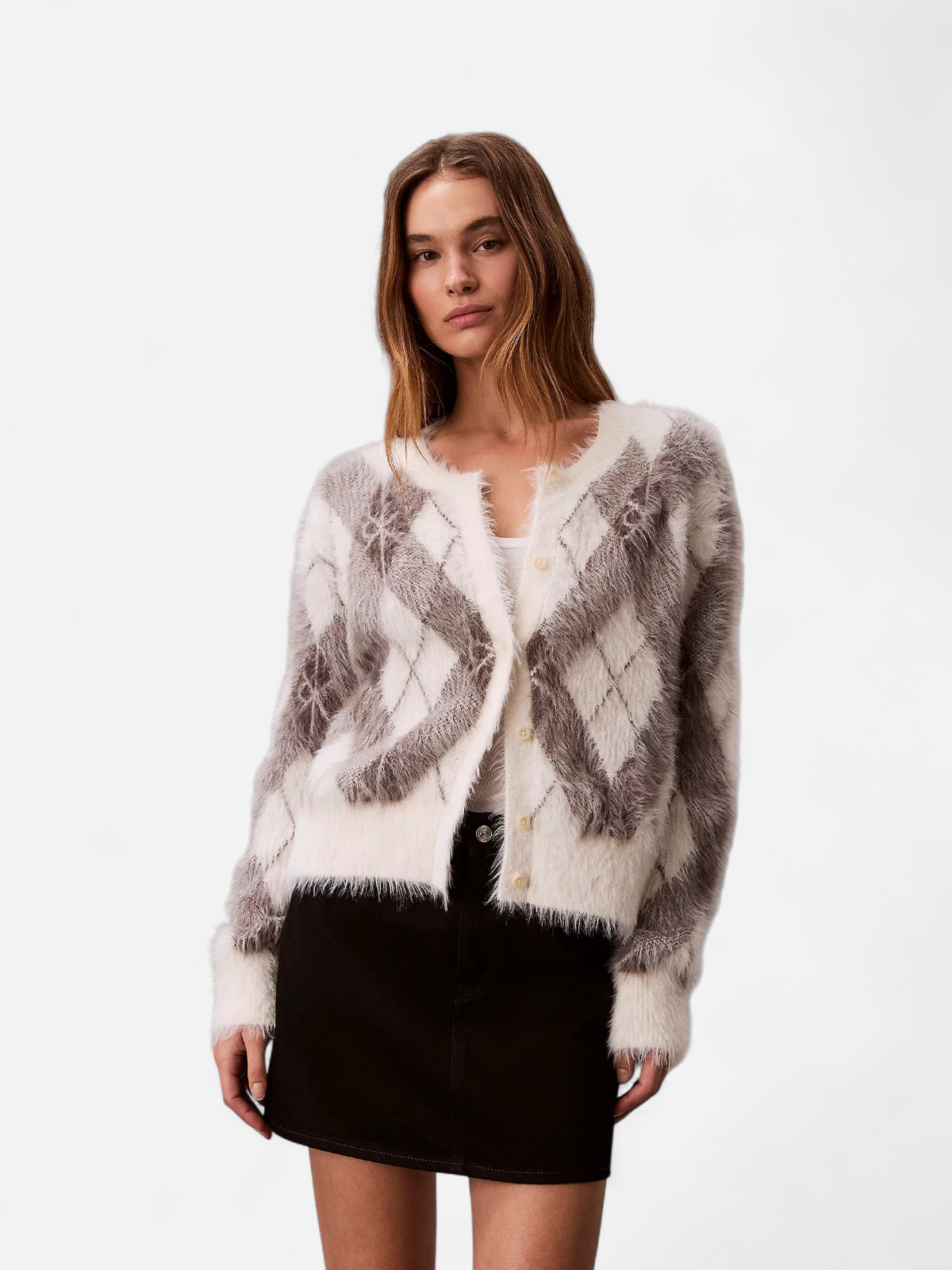Calvin Klein Jeans naisten neuletakki Fuzzy Novelty Argyle Sweater, harmaa kuosillinen - Kekäle.fi