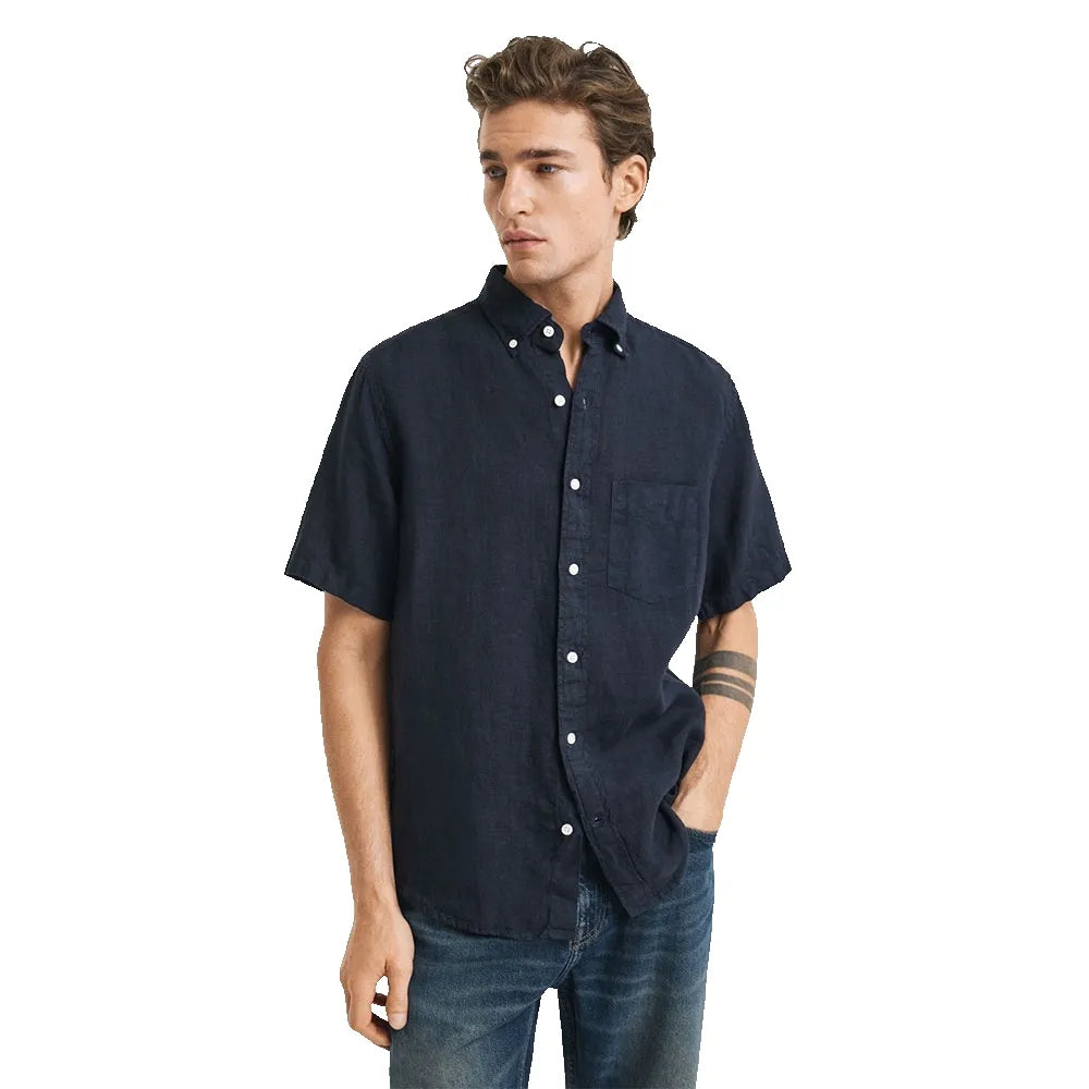 Gant miesten lyhythihainen kauluspaita Reg Linen Shirt, tummansininen