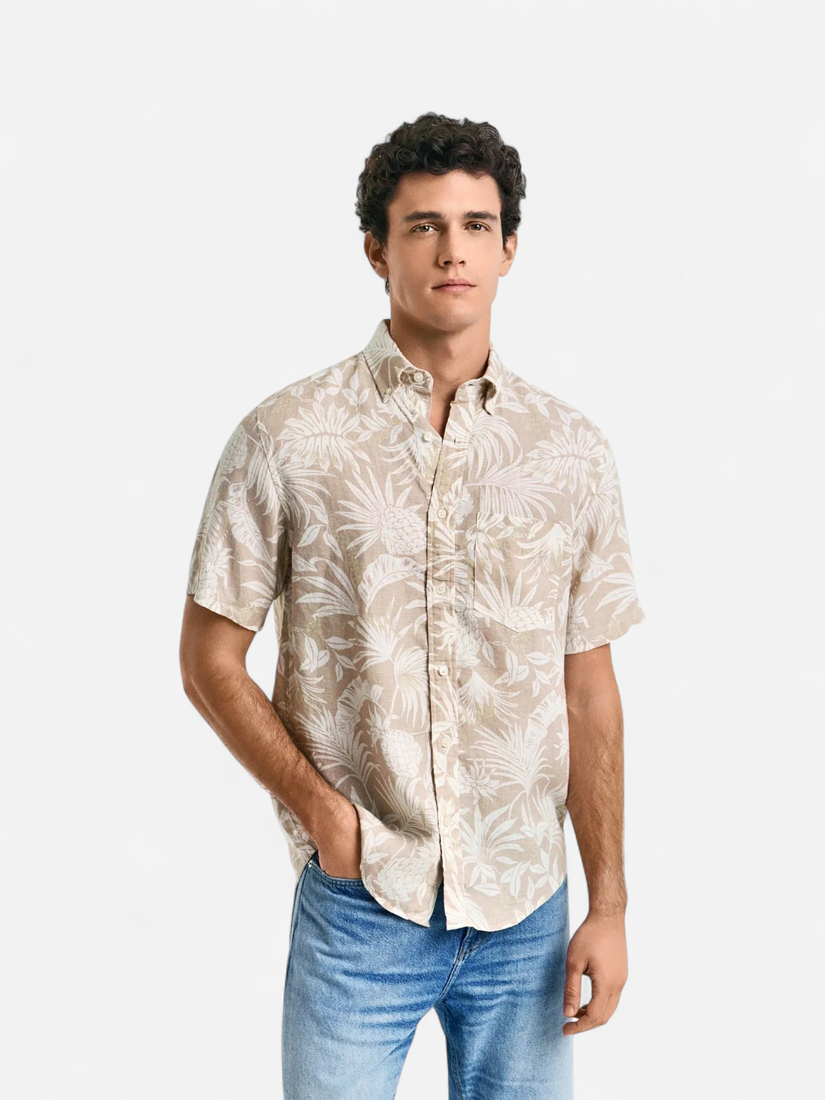 Gant miesten lyhythihainen kauluspaita, REG BOTANICAL LINEN PRINT SS T-SHIRT Ruskea Kuosi - Kekäle.fi
