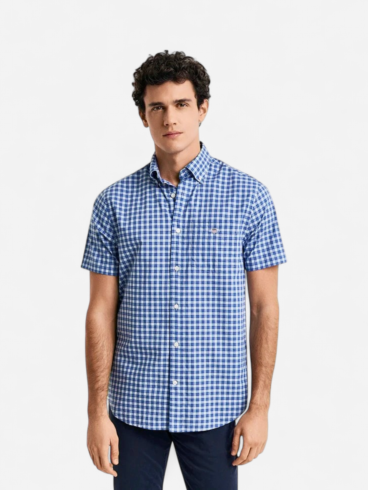 Gant miesten lyhythihainen kauluspaita, REG CLASSIC POPLIN SS SHIRT Sininen Ruutu - Kekäle.fi