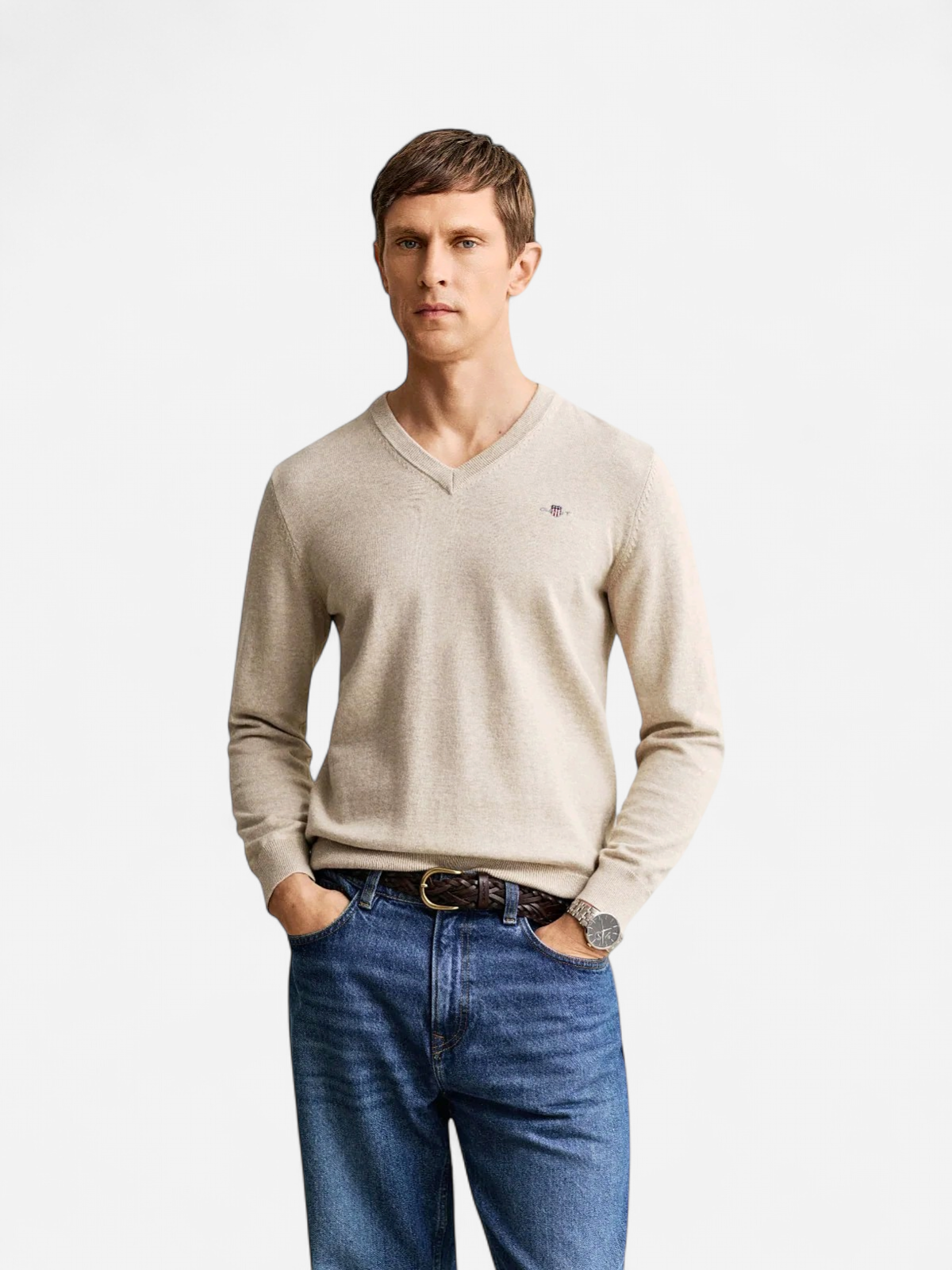 Gant miesten neule Classic Cotton V-Neck, Beige - Kekäle.fi