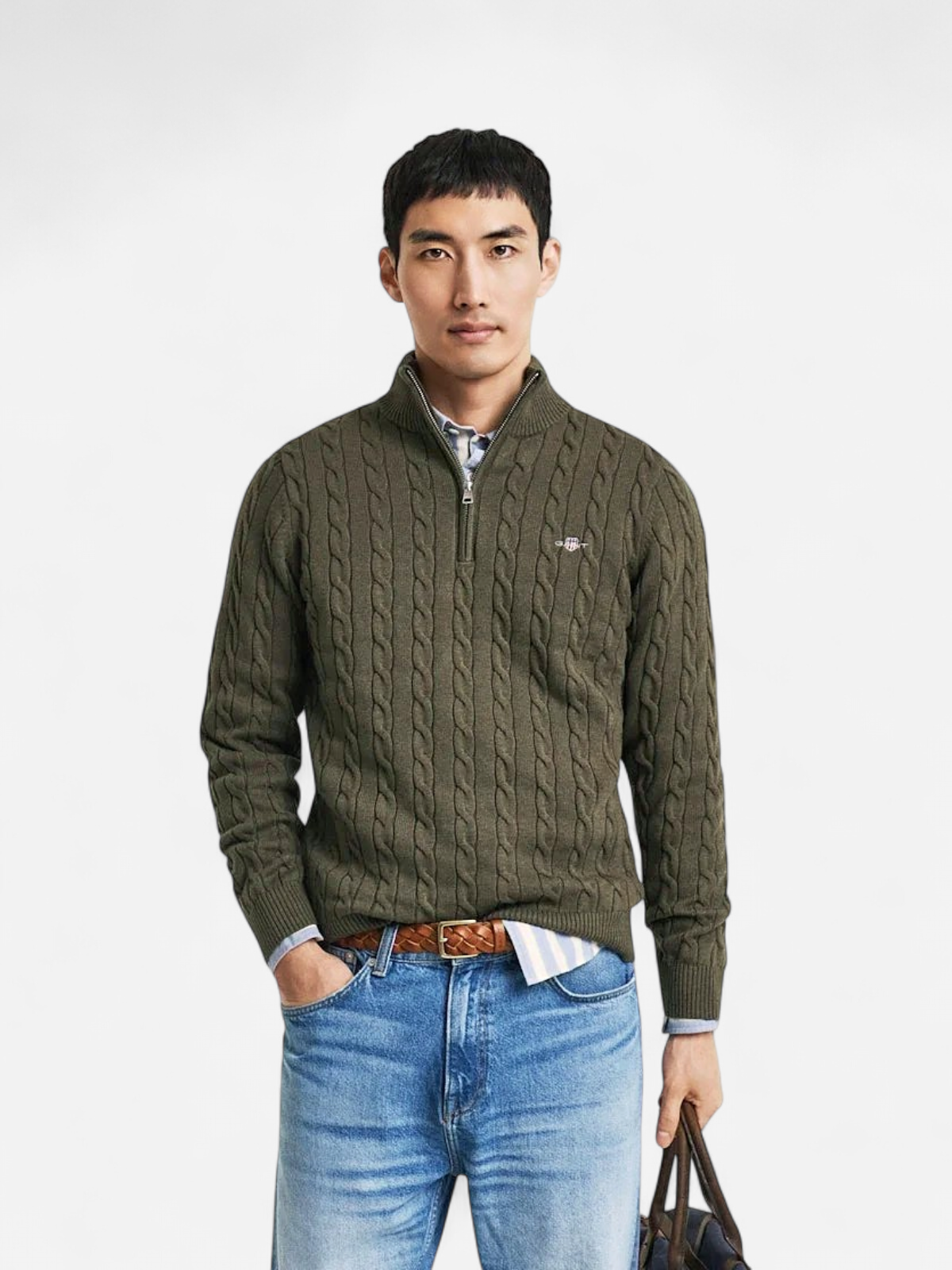 Gant miesten neule, COTTON CABLE HALF ZIP Tummanvihreä - Kekäle.fi