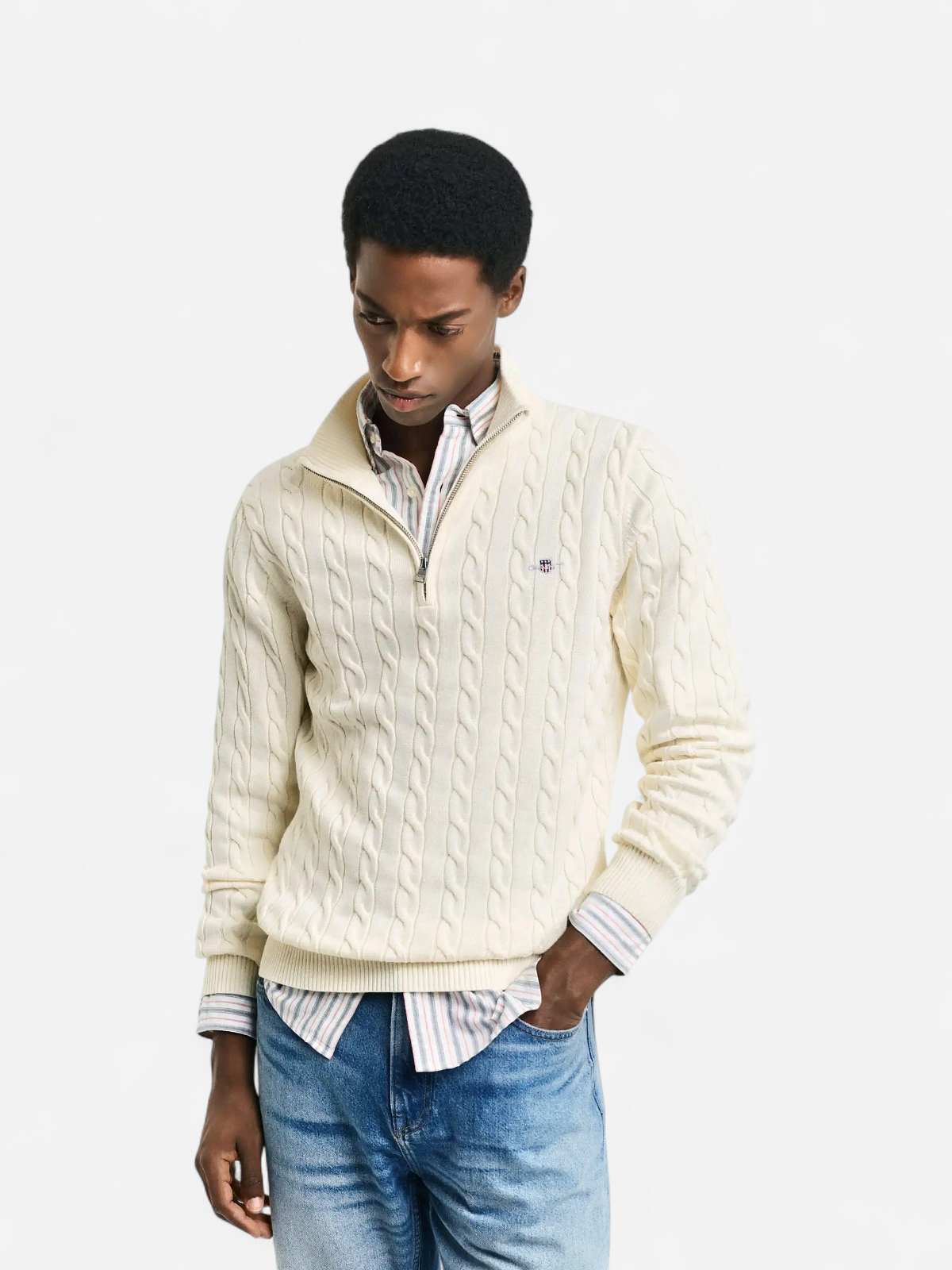 Gant miesten neule, COTTON CABLE HALF ZIP Luonnonvalkoinen - Kekäle.fi