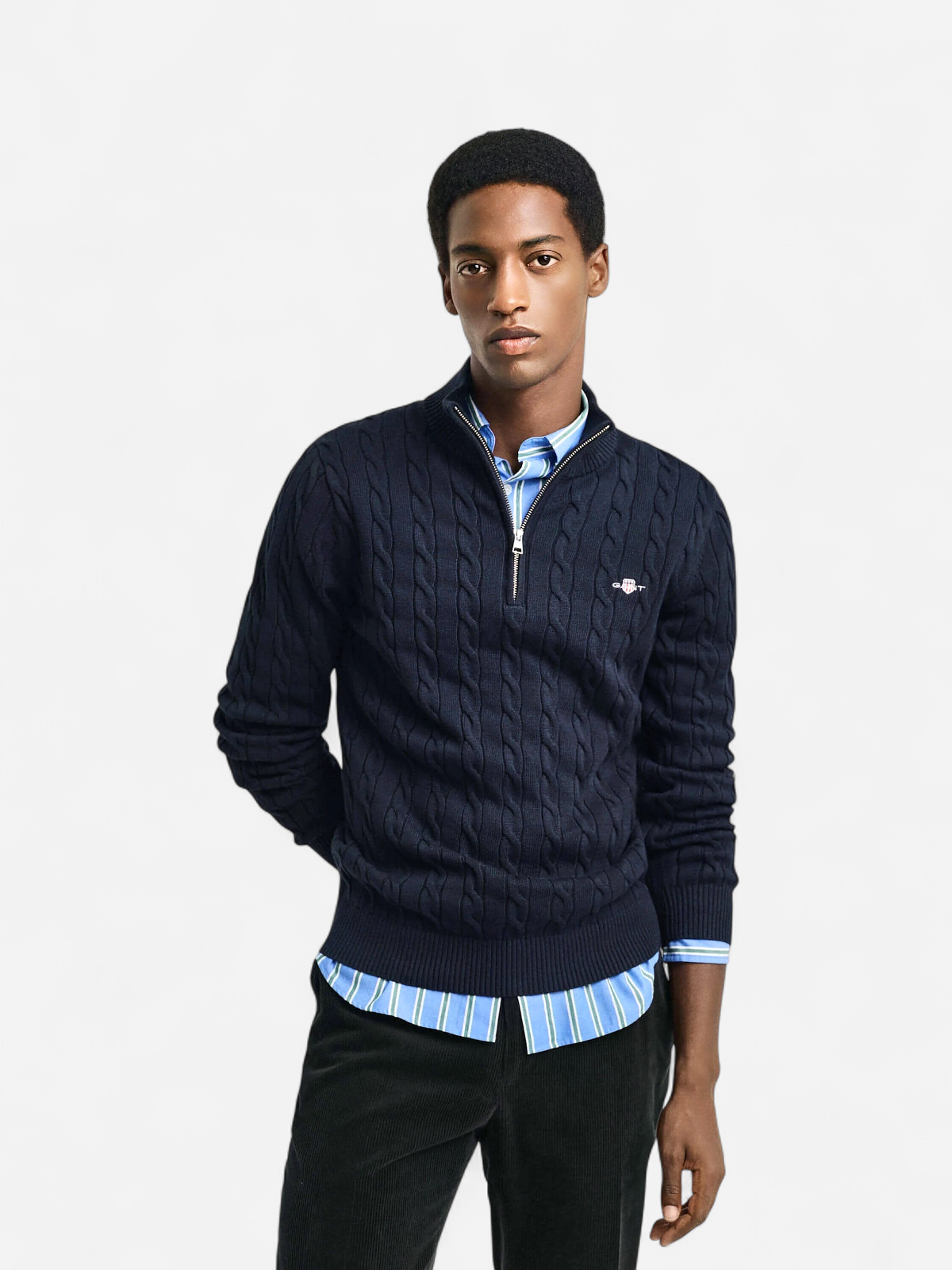 Gant miesten neule, COTTON CABLE HALF ZIP Tummansininen - Kekäle.fi