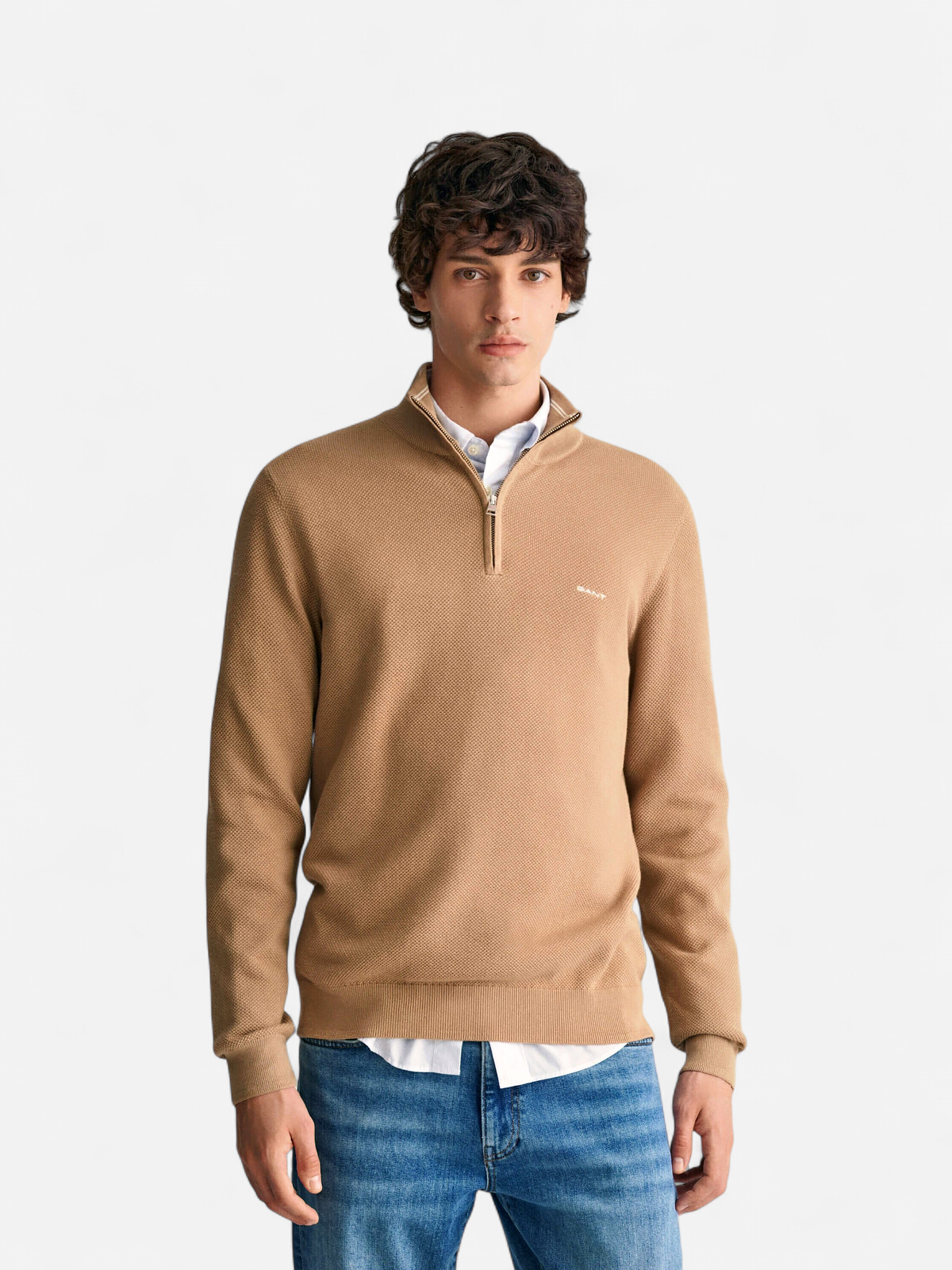 Gant miesten neule, COTTON PIQUE HALF ZIP Beige - Kekäle.fi
