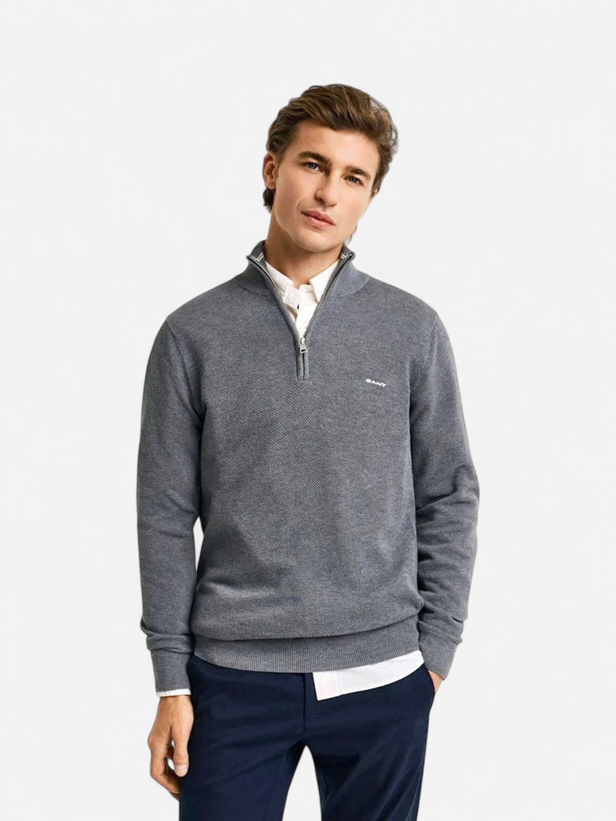 Gant miesten neulepusero Cotton Pique Half Zip, keskiharmaa - Kekäle.fi