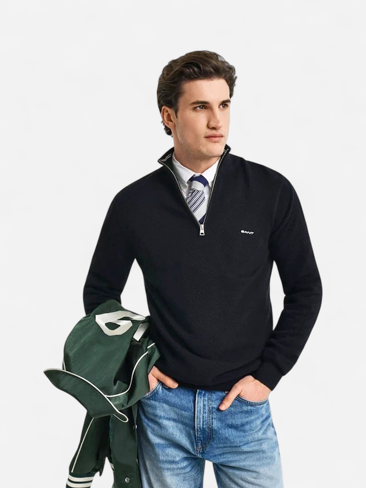 Gant miesten neulepusero Cotton Pique Half Zip, musta - Kekäle.fi