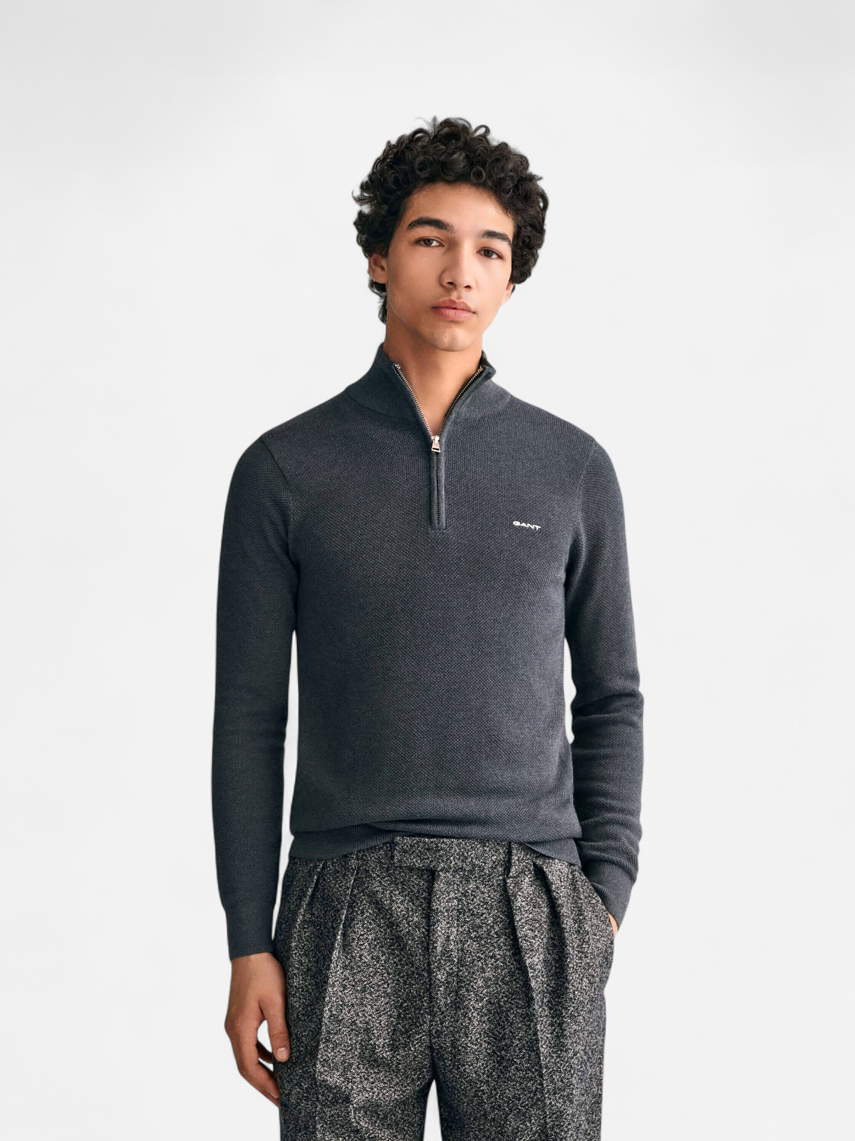 Gant miesten neule, COTTON PIQUE HALF ZIP Tummanharmaa - Kekäle.fi