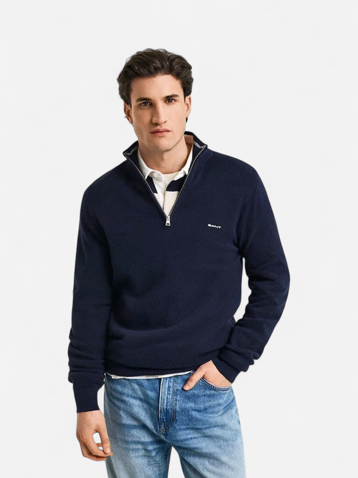 Gant miesten neulepusero Cotton Pique Half Zip, tummansininen - Kekäle.fi