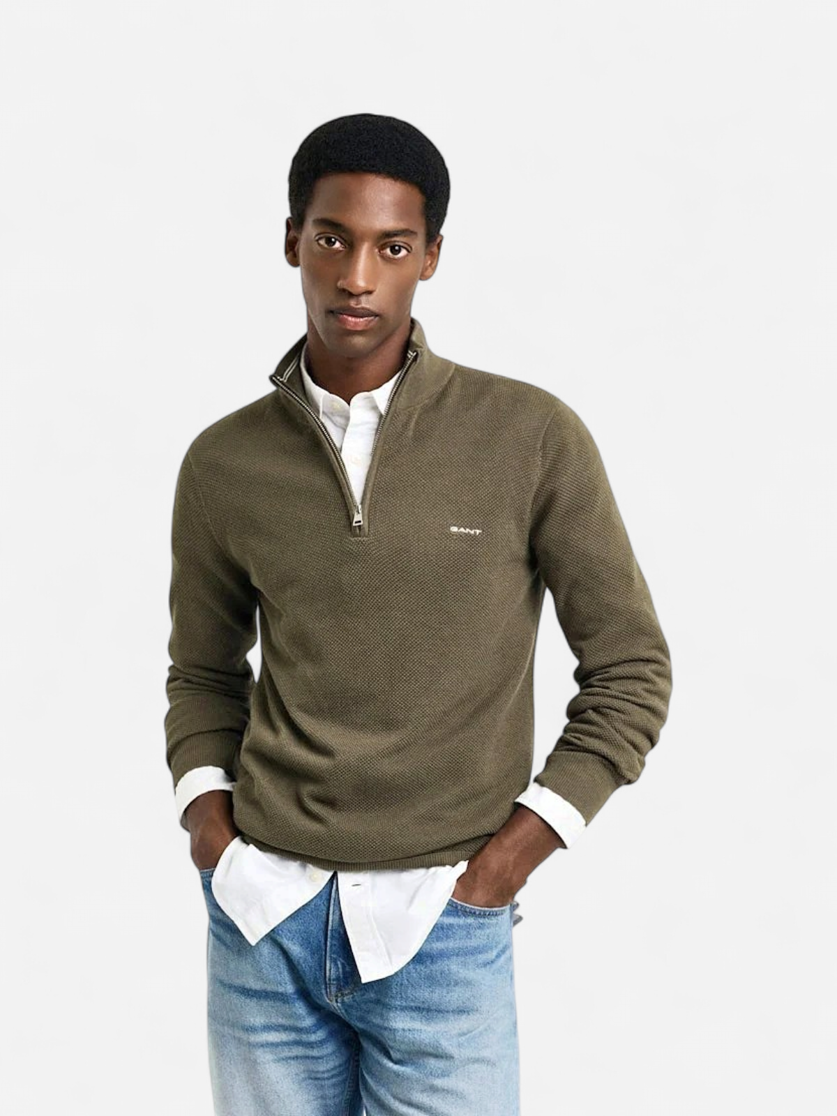 Gant miesten neule, COTTON PIQUE HALF ZIP Tummanvihreä - Kekäle.fi