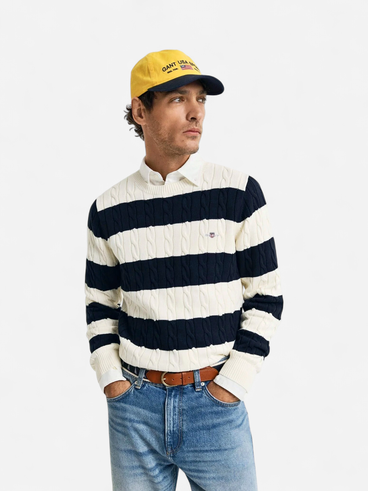 Gant miesten neule, STRIPED COTTON CABLE C-NECK Raidallinen Sininen - Kekäle.fi