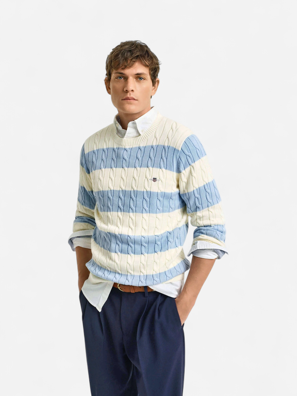 Gant miesten neule, STRIPED COTTON CABLE C-NECK Raita Vaaleansininen - Kekäle.fi