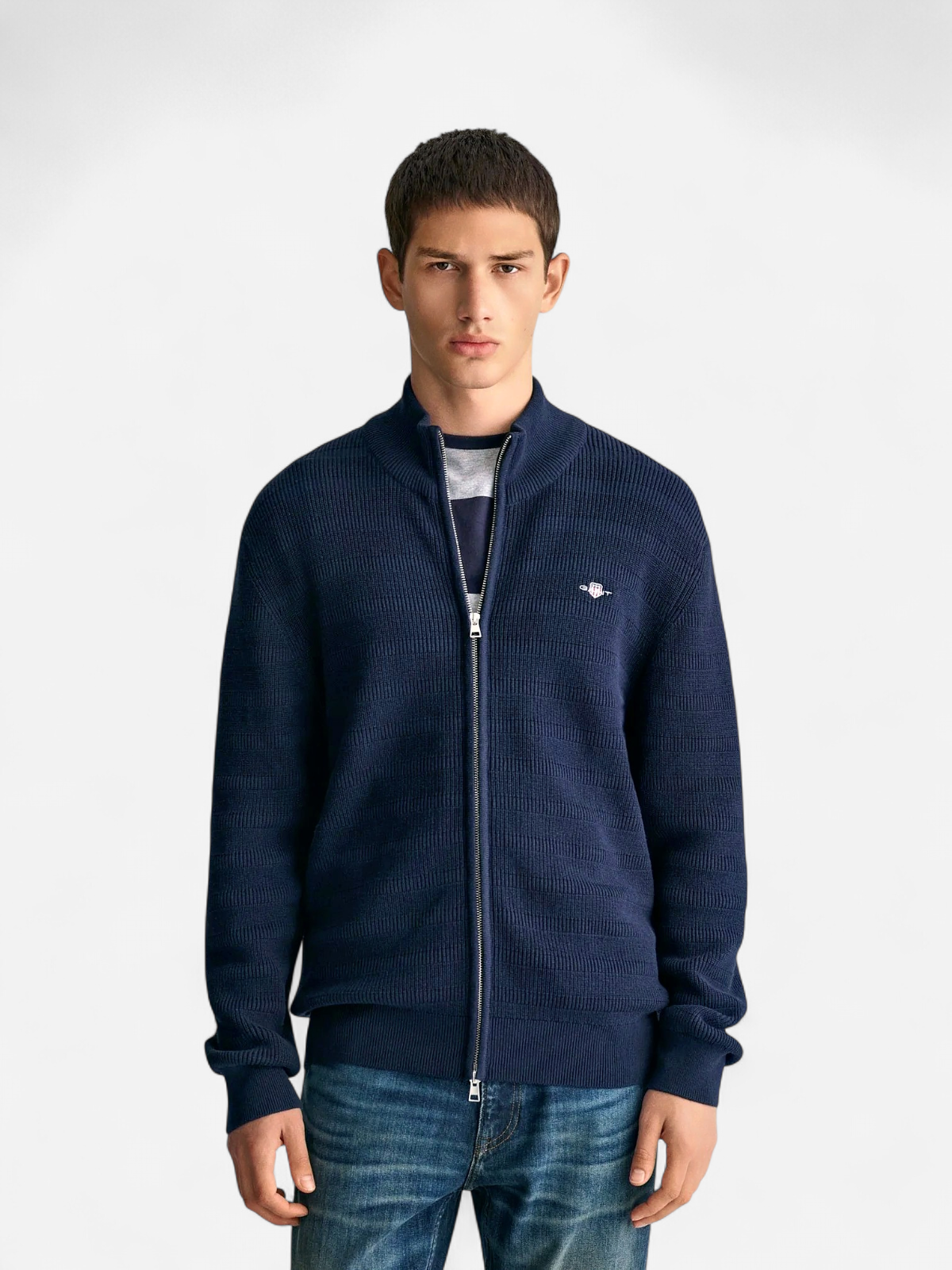 Gant miesten neuletakki, STRIPE TEXTURED COTTON FULL ZIP Tummansininen - Kekäle.fi