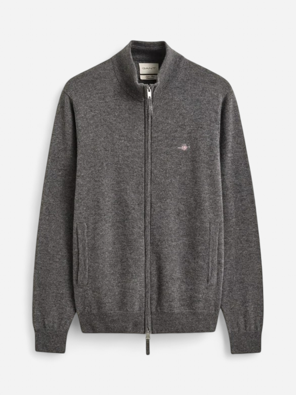 Gant miesten neuletakki Superfine Lambswool Zip Cardigan, Charcoal Melange - Kekäle.fi