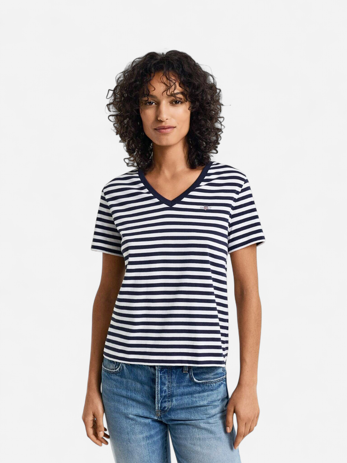 Gant naisten t-paita, REG STRIPED SHIELD V-NECK T-SHIRT Raidallinen Sininen - Kekäle.fi