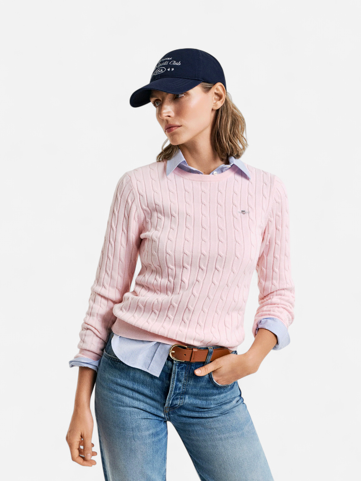 Gant neulepusero, STRECH COTTON CABLE C-NECK Vaaleanpunainen - Kekäle.fi