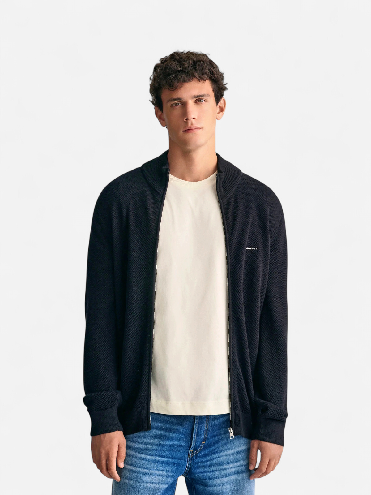 Gant miesten neuletakki K Cotton Pique Zip Cardigan, Musta - Kekäle.fi