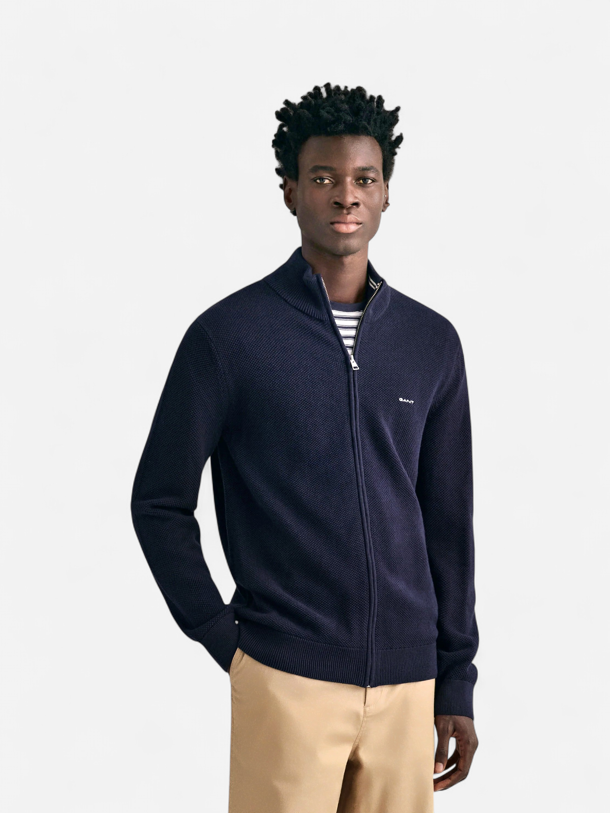 Gant miesten neuletakki K Cotton Pique Zip Cardigan, Tummansininen - Kekäle.fi