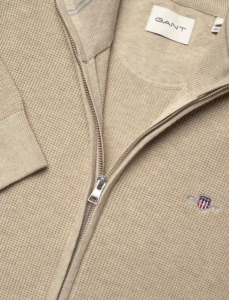 Gant miesten neuletakki Micro Textured Cotton Zip Cardigan, beige