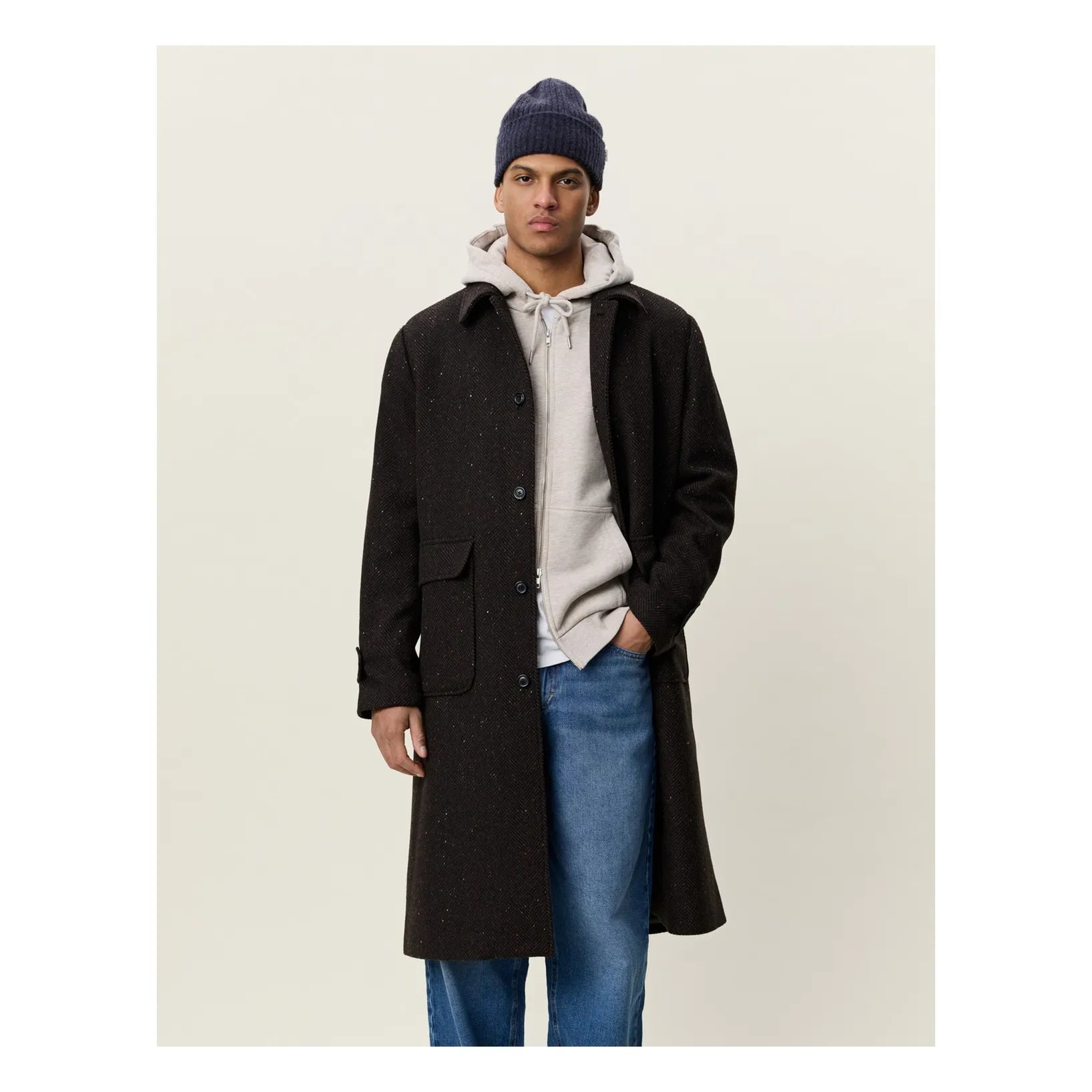Les Deux miesten villakangastakki Herringbone Wool Coat, tummanruskea