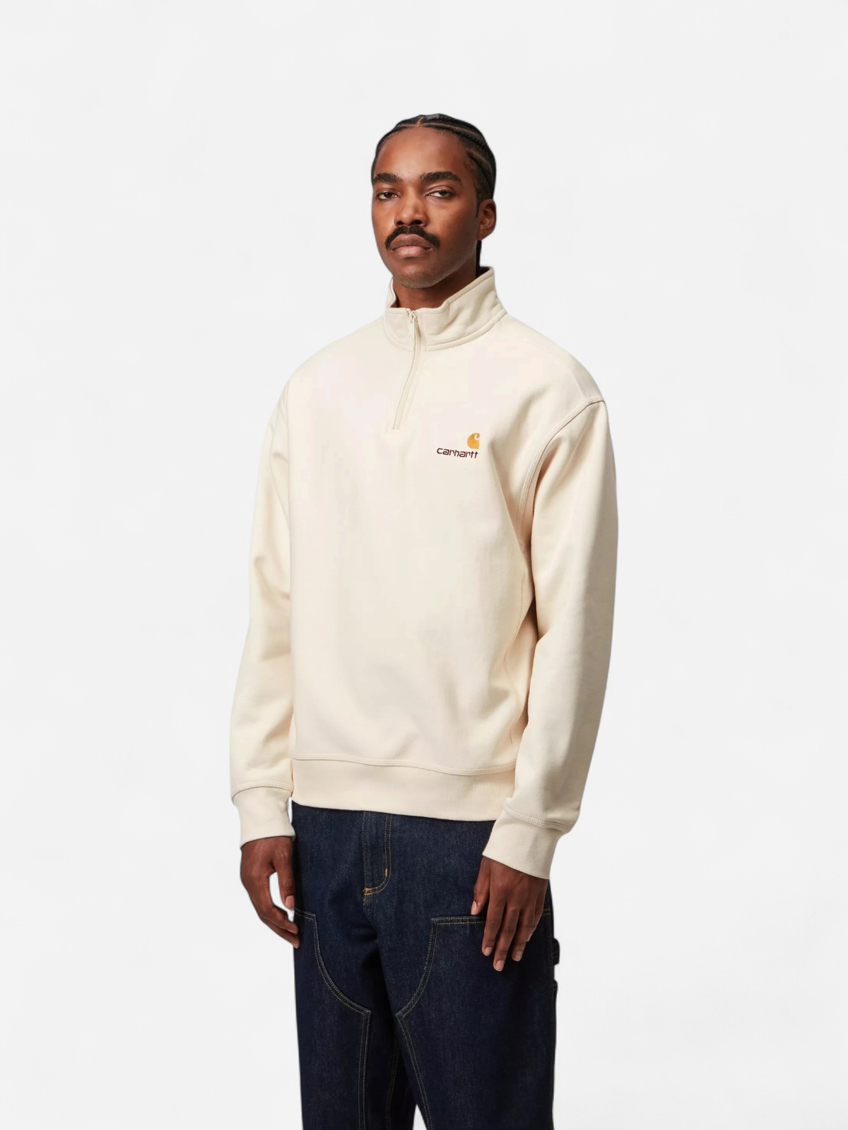 Carhartt miesten collegepaita Half Zip American Script Sweatshirt, luonnonvalkoinen - Kekäle.fi