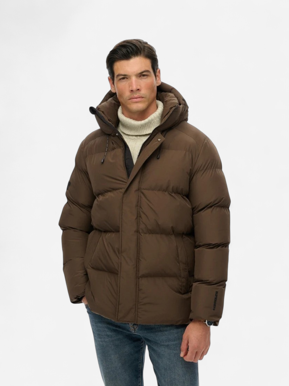 Superdry miesten toppatakki Hooded Mid Length Sports Puffer Jacket, Slate Brown - Kekäle.fi