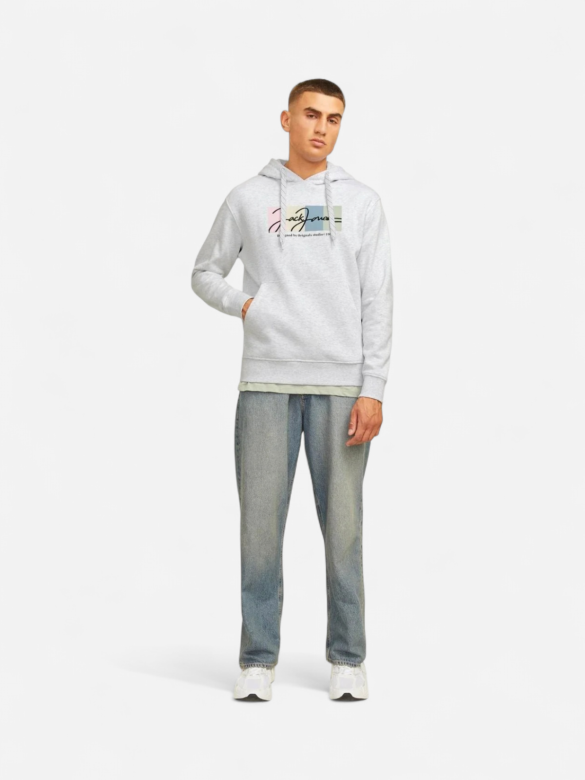Jack and Jones miesten huppari, JORPORTLAND BLOCK SWEAT HOOD LN Vaaleanharmaa - Kekäle.fi