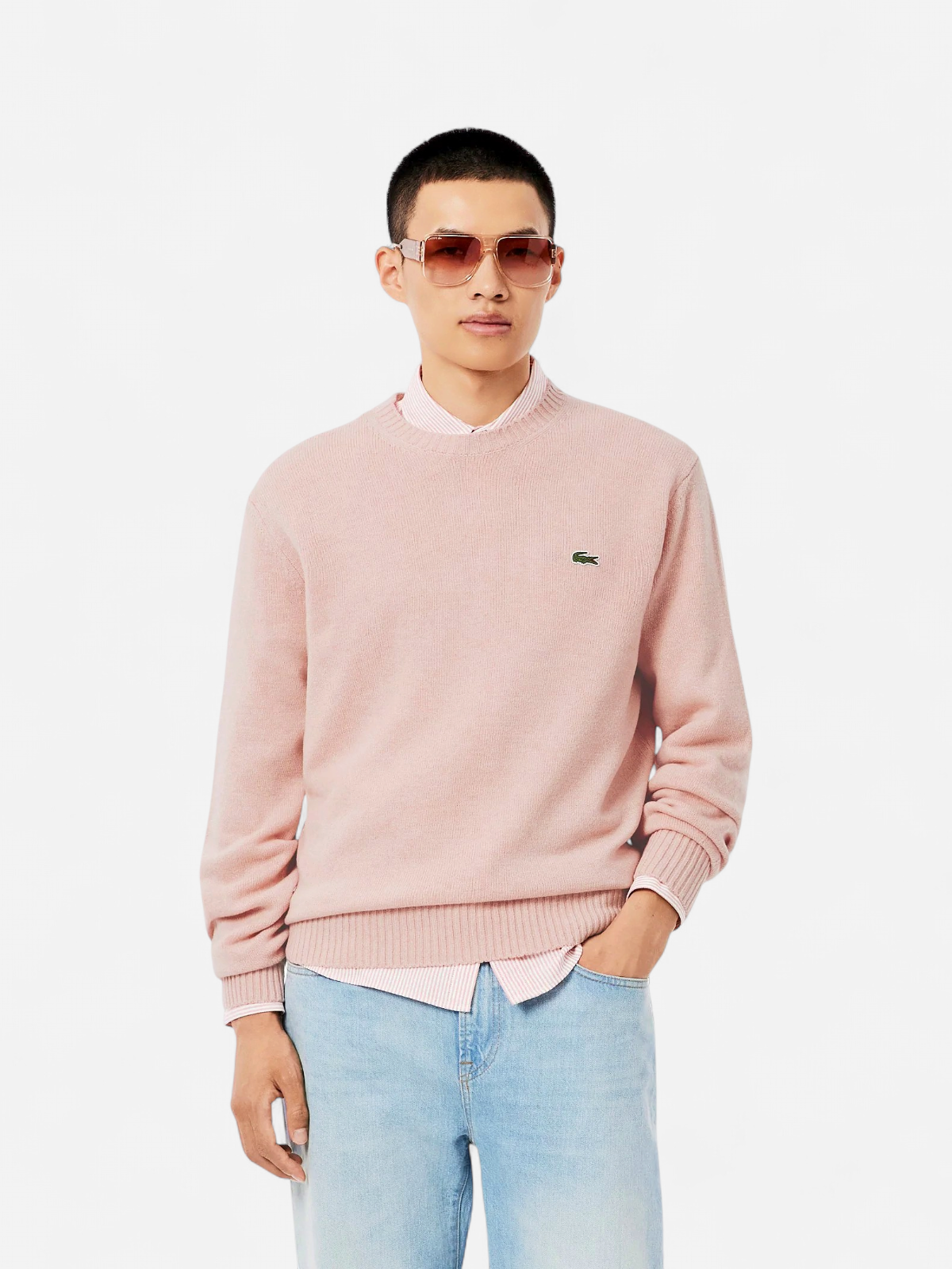 Lacoste miesten neulepusero K MONOCHROME CARDED WOOL NECK SWEATER, vaaleanpunainen - Kekäle.fi