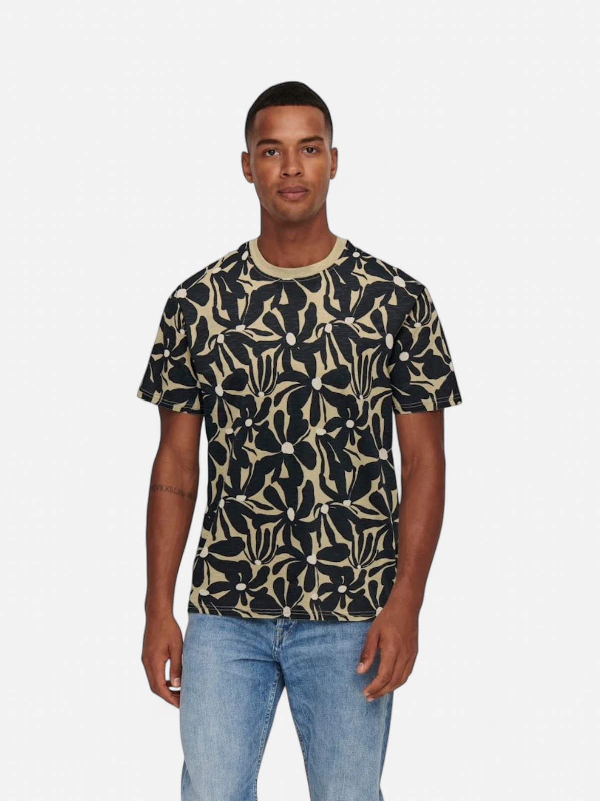 Only and Sons miesten t-paita ONSPerry Life Reg Leaf AOP SS Tee H, Silver Lining JET BL - Kekäle.fi