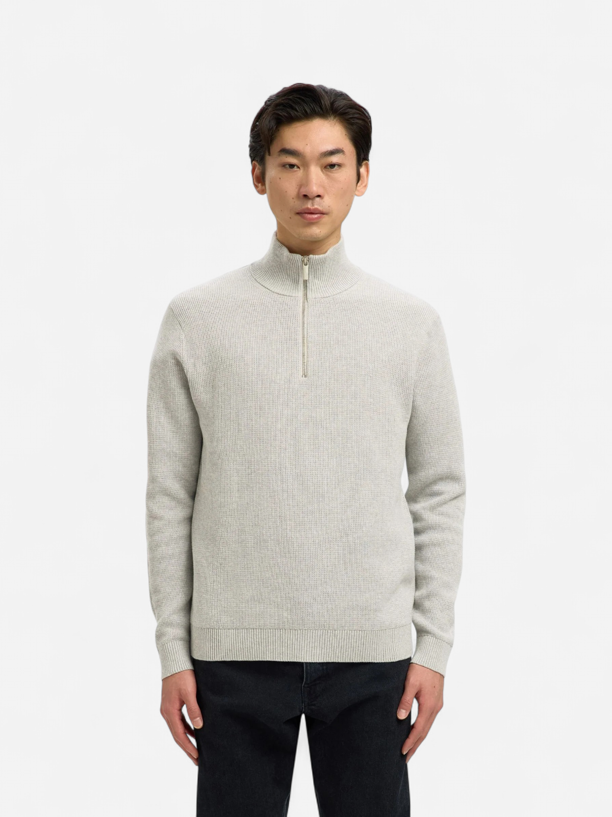Selected miesten neulepusero K SLHDANE LS KNIT STRUCTURE HALF ZIP NOO, Light Grey Melange - Kekäle.fi