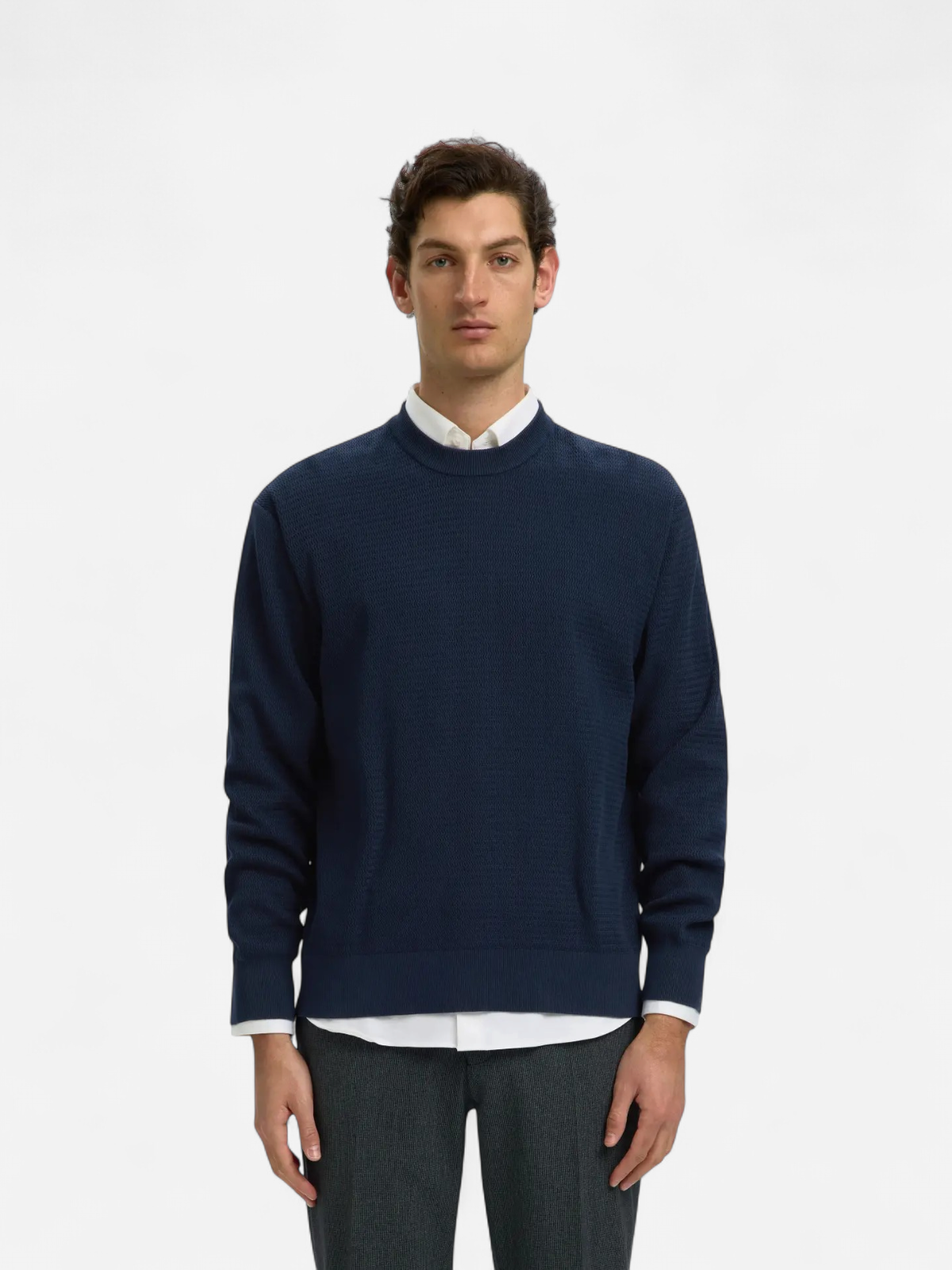 Selected miesten neulepusero Structure Crew Neck, Navy Blazer - Kekäle.fi