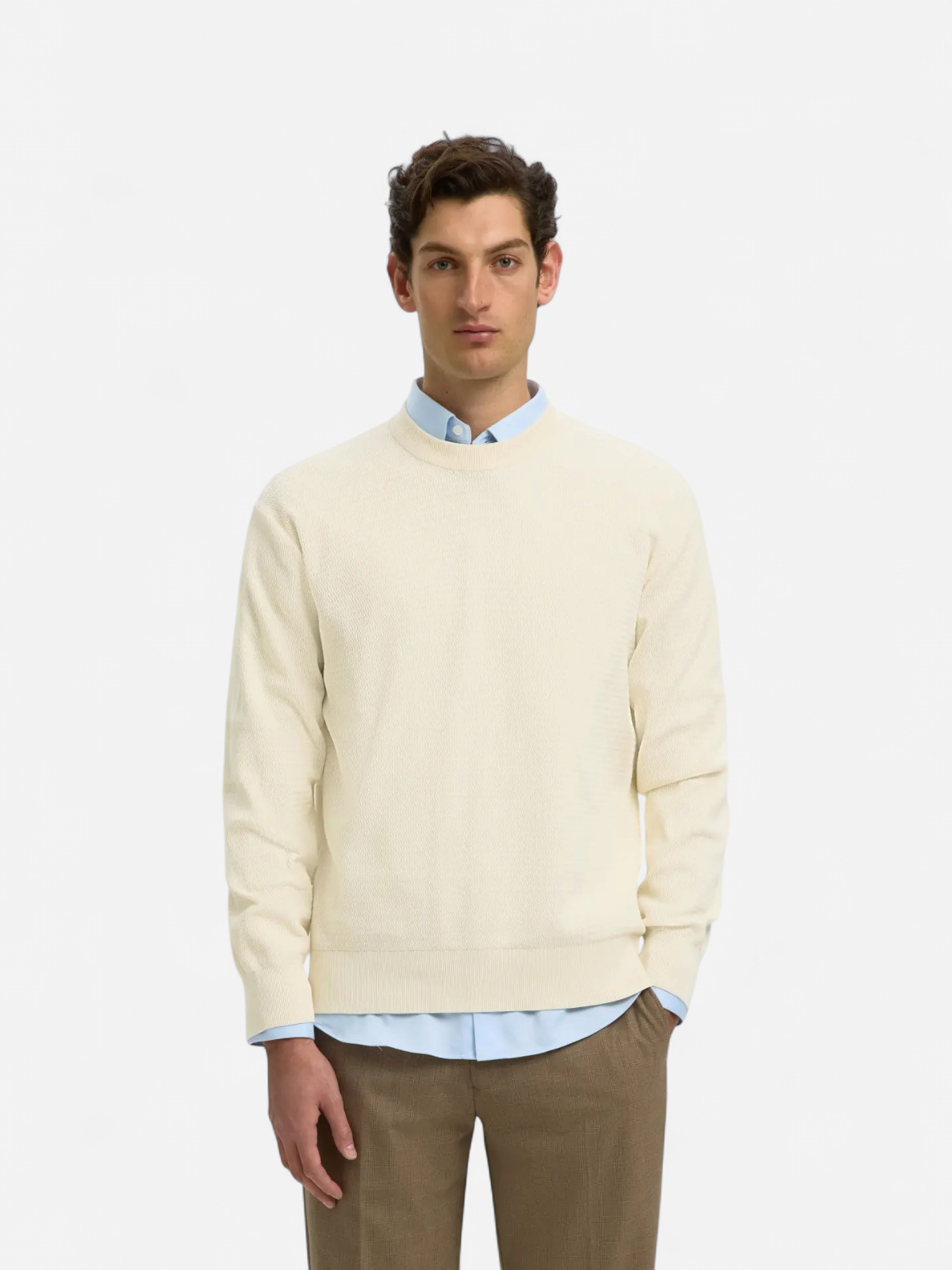 Selected miesten neulepusero Torn Structure Crew Neck, Silver Birch - Kekäle.fi
