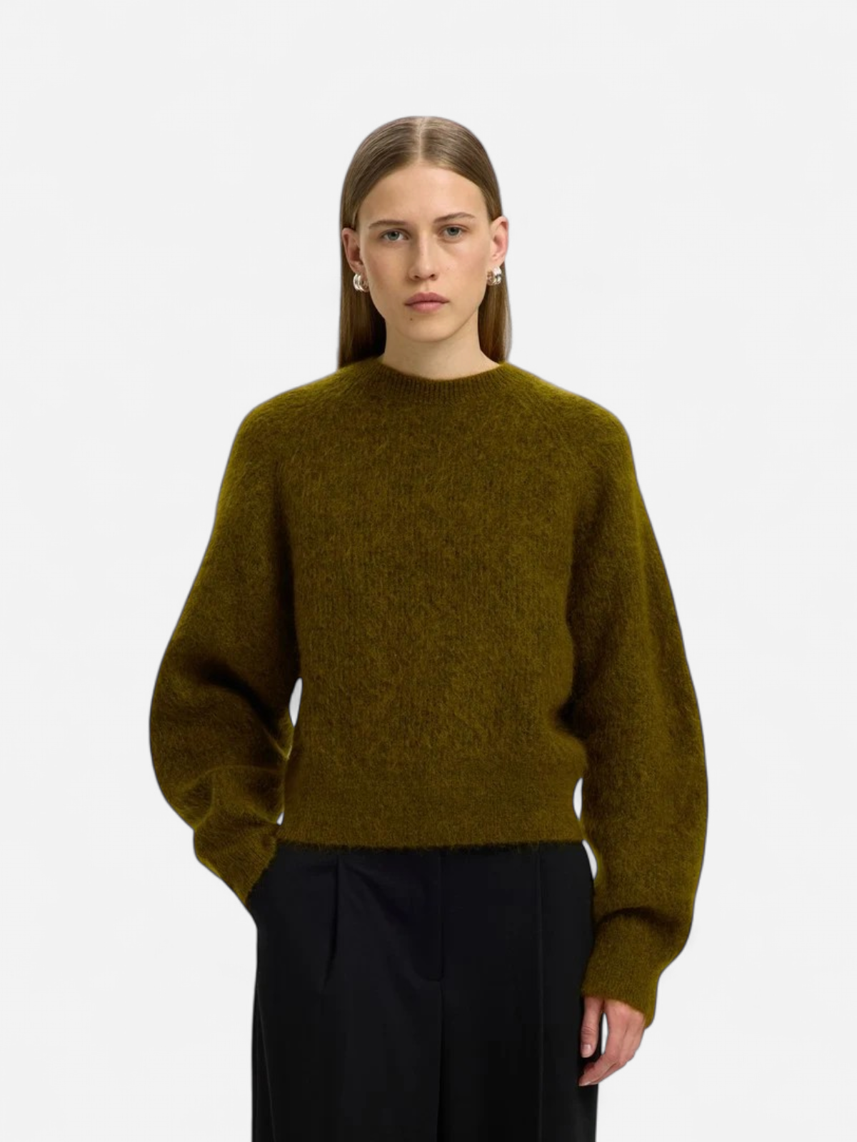 Selected Femme naisten neulepusero Mira Knit Short O-Neck, Fir Green - Kekäle.fi