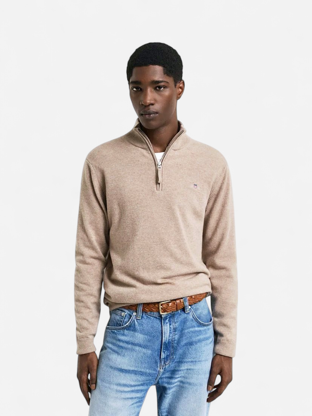 Gant miesten neulepusero, K SUPERFINE LAMBSWOOL HALF ZIP BEIGE - Kekäle.fi