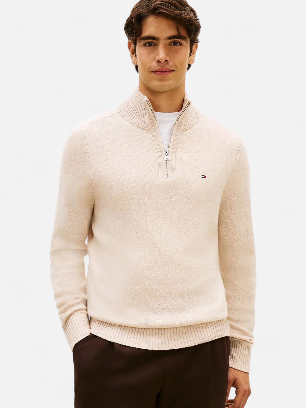 Tommy Hilfiger miesten neulepaita Lambswool Zip Mock, beige - Kekäle.fi