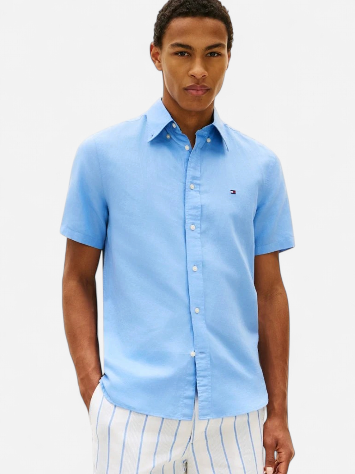 Tommy Hilfiger miesten lyhythihainen kauluspaita Linen Blend Solid SS, vaaleansininen - Kekäle.fi