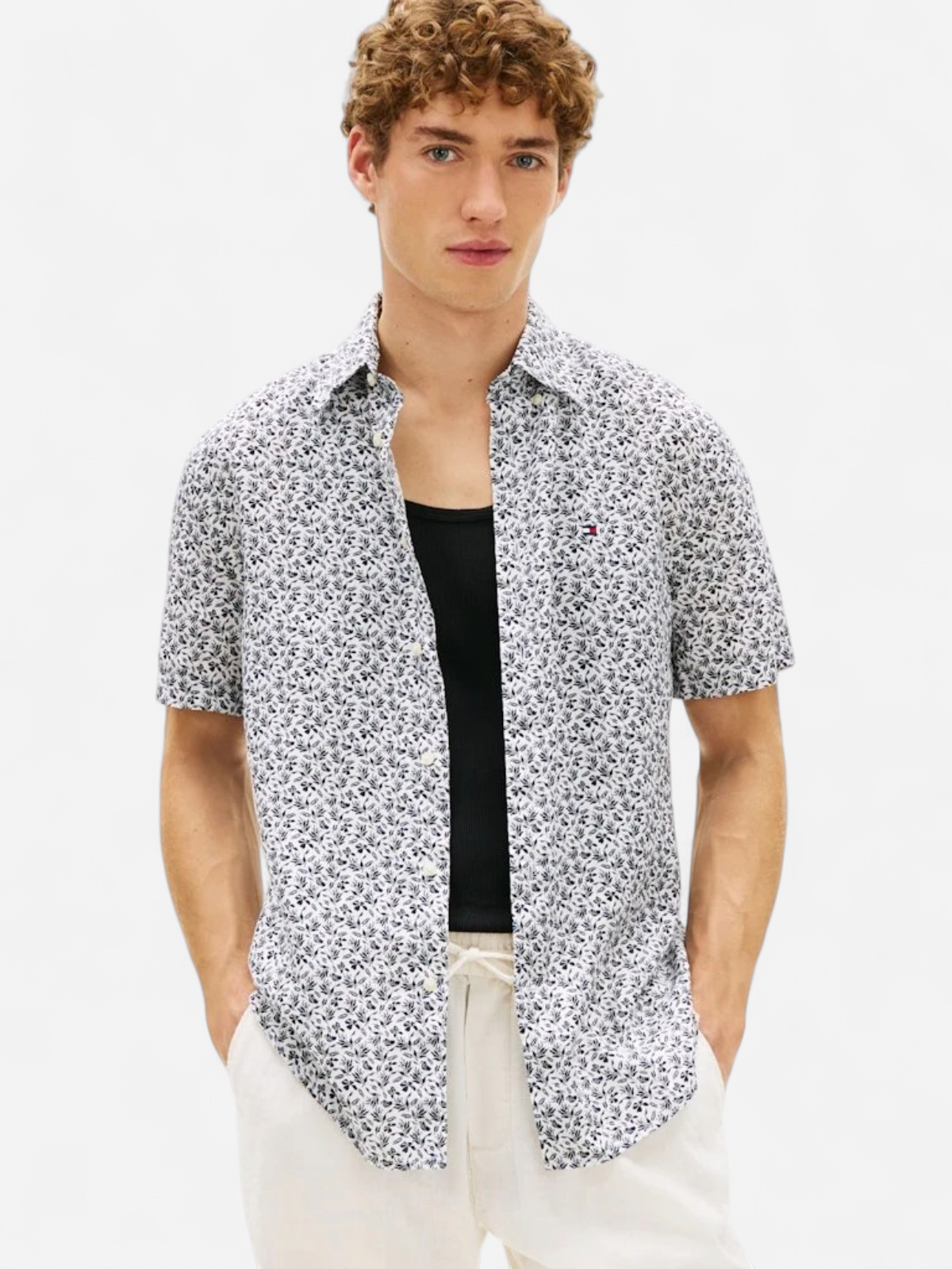 Tommy Hilfiger miesten kauluspaita Linen Tropical PRT SS RF Shirt, valkopohjainen kuosi - Kekäle.fi